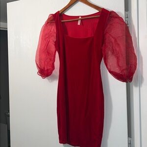 Elegant Red Dress with Sheer Sleeves